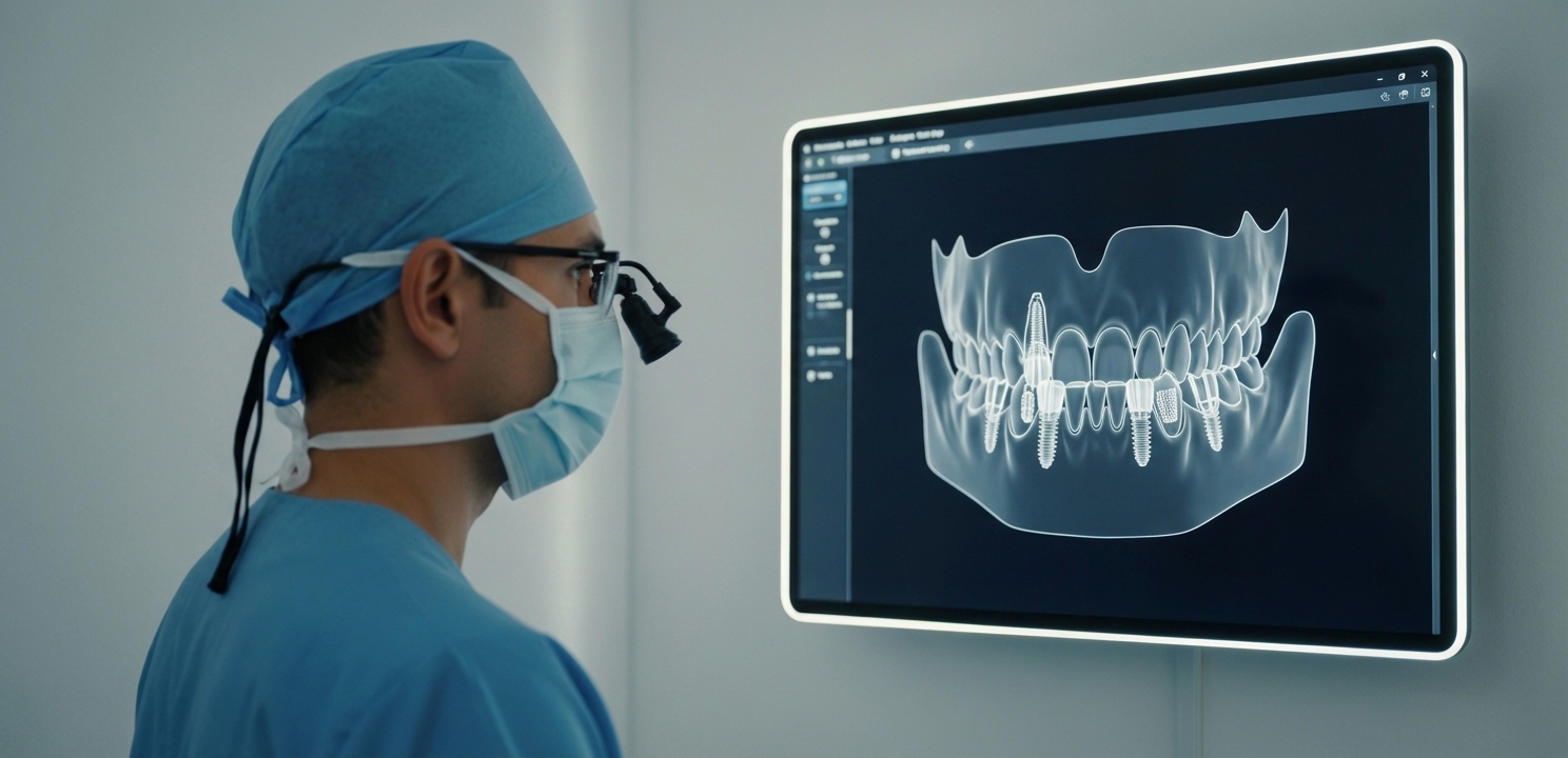 Moderne DVT-Scan-Planung für Zahnimplantate Neue Zähne an einem Tag beginnt mit präziser digitaler Planung der Implantatpositionen.