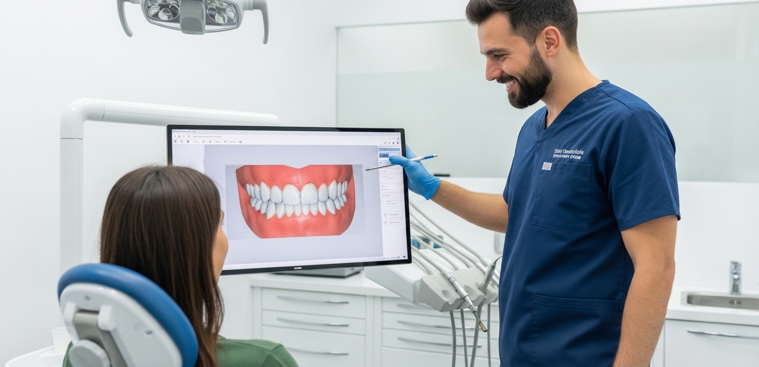 Planung eines Smile Makeovers mit Computertechnologie Zähne machen lassen mithilfe fortschrittlicher digitaler Smile-Design-Technologie in einer modernen Klinik.