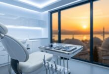 Ein leerer, hochmoderner Behandlungsstuhl in einer makellosen Zahnklinik vor einem großen Fenster mit einem unscharfen, sonnigen Blick auf die Skyline von Istanbul.