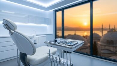 Ein leerer, hochmoderner Behandlungsstuhl in einer makellosen Zahnklinik vor einem großen Fenster mit einem unscharfen, sonnigen Blick auf die Skyline von Istanbul.