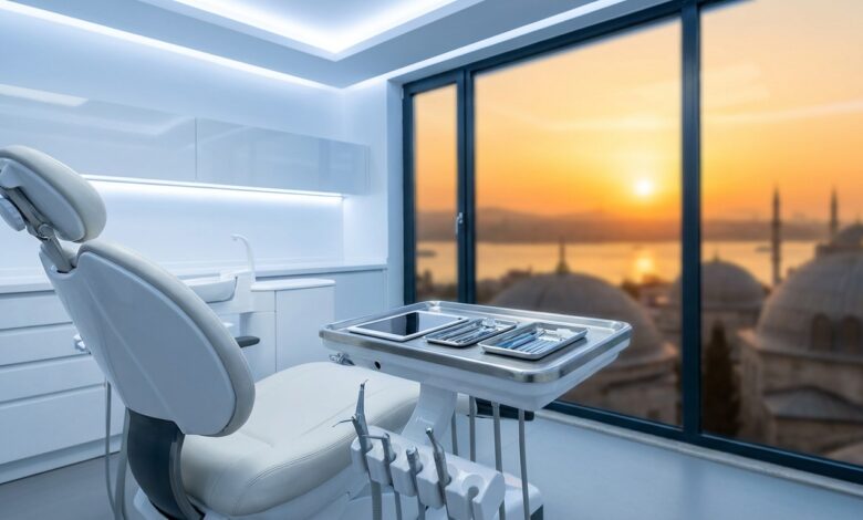 Ein leerer, hochmoderner Behandlungsstuhl in einer makellosen Zahnklinik vor einem großen Fenster mit einem unscharfen, sonnigen Blick auf die Skyline von Istanbul.