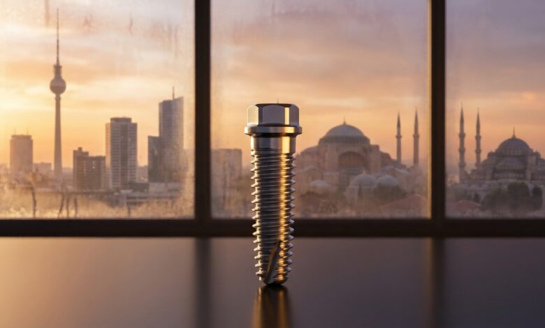 Un implant dentaire en titane de haute technologie au premier plan, avec en arrière-plan flou une vue panoramique fusionnant les horizons de l'Allemagne et d'Istanbul en Turquie, symbolisant le tourisme dentaire.