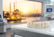 Ein hochästhetischer, vollständiger Zahnersatz aus Zirkon, der in einem modernen Dentallabor mit einem unscharfen, sonnigen Blick auf die Skyline von Istanbul im Hintergrund präsentiert wird.