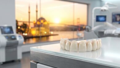 Ein hochästhetischer, vollständiger Zahnersatz aus Zirkon, der in einem modernen Dentallabor mit einem unscharfen, sonnigen Blick auf die Skyline von Istanbul im Hintergrund präsentiert wird.