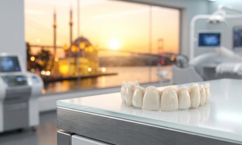 Ein hochästhetischer, vollständiger Zahnersatz aus Zirkon, der in einem modernen Dentallabor mit einem unscharfen, sonnigen Blick auf die Skyline von Istanbul im Hintergrund präsentiert wird.