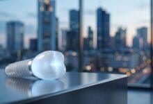 Un implant dentaire en céramique de haute technologie au premier plan, avec une vue floue sur l'horizon d'une ville allemande moderne en arrière-plan, symbolisant la précision des soins dentaires en Allemagne.
