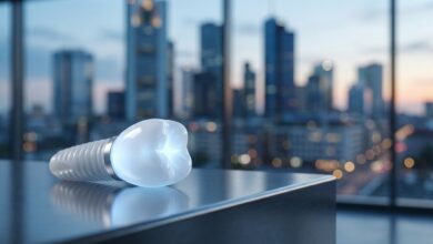 Un implant dentaire en céramique de haute technologie au premier plan, avec une vue floue sur l'horizon d'une ville allemande moderne en arrière-plan, symbolisant la précision des soins dentaires en Allemagne.
