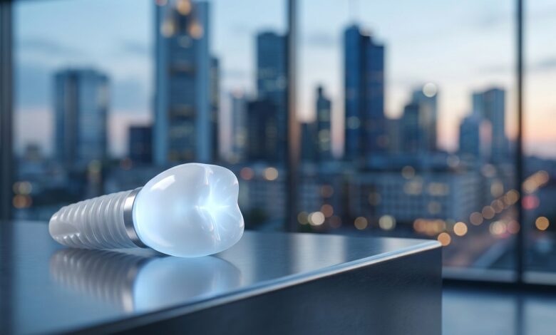 Un implant dentaire en céramique de haute technologie au premier plan, avec une vue floue sur l'horizon d'une ville allemande moderne en arrière-plan, symbolisant la précision des soins dentaires en Allemagne.