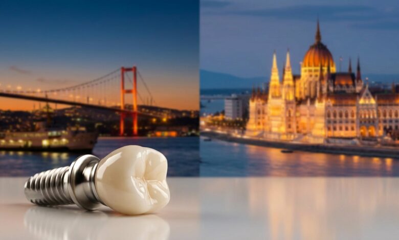 Ein makelloses Keramik-Zahnimplantat im Vordergrund, mit einem unscharfen, geteilten Hintergrund, der auf der einen Seite die Skyline von Istanbul in der Türkei und auf der anderen Seite die von Budapest in Ungarn zeigt, was die Wahl für eine Zahnbehandlung im Ausland symbolisiert.
