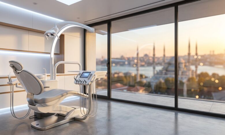 Ein fotorealistisches Bild eines hochmodernen Behandlungsraums in einer Zahnklinik mit einem großen Fenster, das einen unscharfen, malerischen Blick auf die Skyline von Istanbul bei Sonnenuntergang freigibt. Im Vordergrund steht sauberes, fortschrittliches zahnärztliches Equipment.
