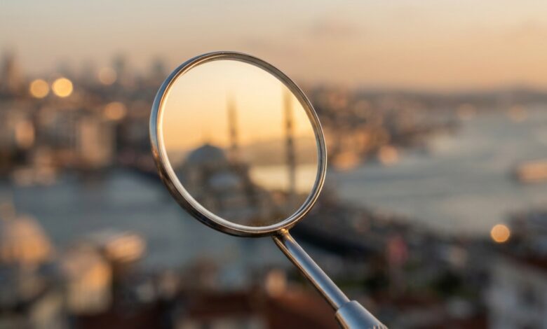 Ein makelloser zahnärztlicher Spiegel, der die unscharfe Skyline von Istanbul bei Sonnenuntergang reflektiert, symbolisiert den Zahntourismus in der Türkei.