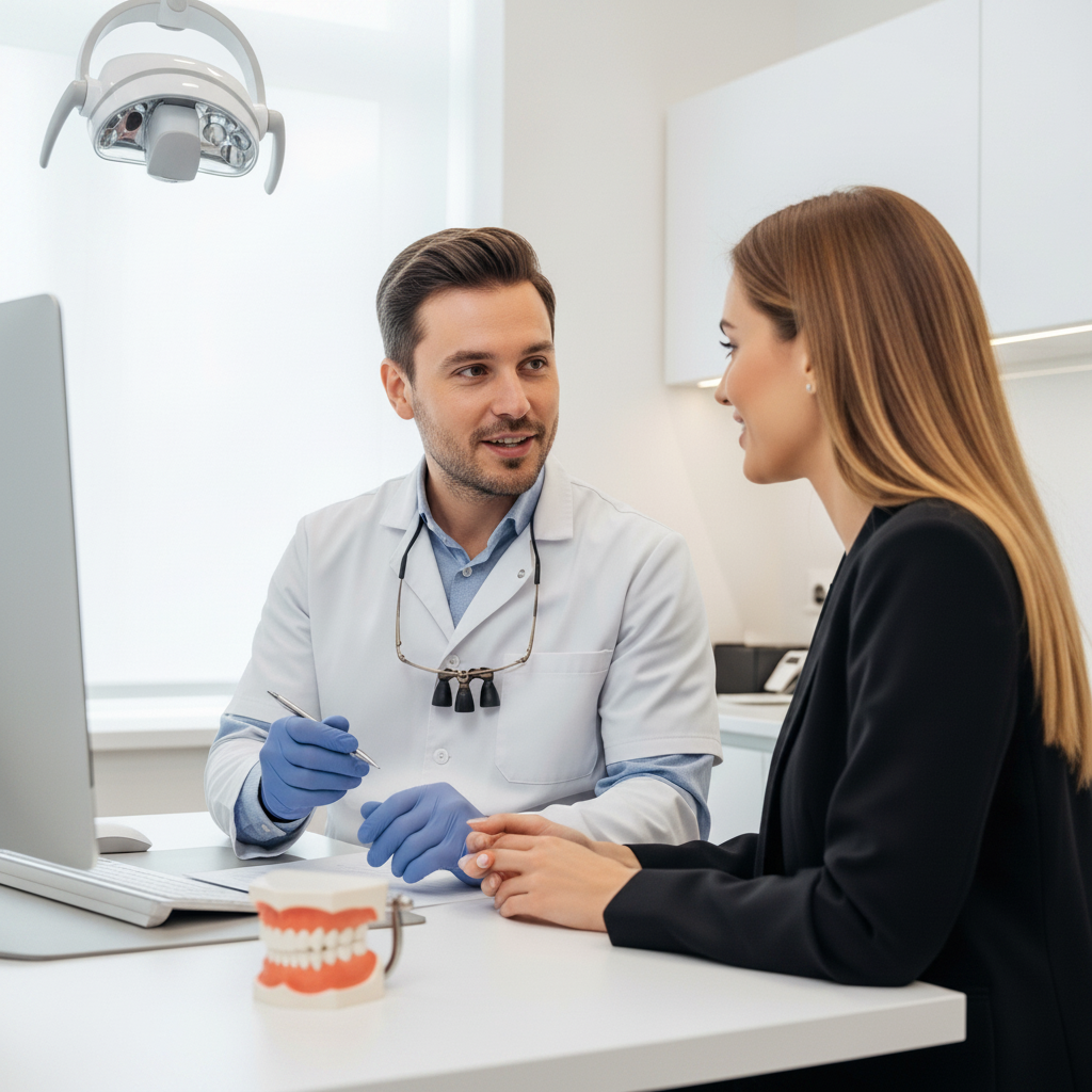 Was kosten Veneers: Ein Zahnarzt bespricht individuelle Behandlungsoptionen und Planung mit einer Patientin