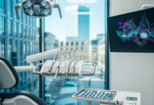 Image d'une clinique dentaire moderne et high-tech en Allemagne, avec un fauteuil dentaire blanc immaculé, des instruments de précision et un écran numérique affichant une image abstraite de dentition. En arrière-plan flou, une fenêtre offre une vue sur une ville allemande typique. L'image est lumineuse, propre et met en avant la technologie avancée, symbolisant la qualité et la sécurité des soins dentaires.