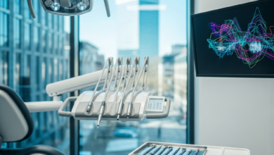 Image d'une clinique dentaire moderne et high-tech en Allemagne, avec un fauteuil dentaire blanc immaculé, des instruments de précision et un écran numérique affichant une image abstraite de dentition. En arrière-plan flou, une fenêtre offre une vue sur une ville allemande typique. L'image est lumineuse, propre et met en avant la technologie avancée, symbolisant la qualité et la sécurité des soins dentaires.