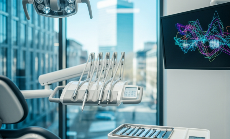 Image d'une clinique dentaire moderne et high-tech en Allemagne, avec un fauteuil dentaire blanc immaculé, des instruments de précision et un écran numérique affichant une image abstraite de dentition. En arrière-plan flou, une fenêtre offre une vue sur une ville allemande typique. L'image est lumineuse, propre et met en avant la technologie avancée, symbolisant la qualité et la sécurité des soins dentaires.