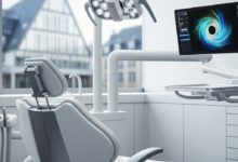 Image photoréaliste d'un cabinet dentaire moderne et high-tech. Au premier plan, un fauteuil dentaire élégant et des équipements médicaux discrets dans un environnement lumineux et stérile. L'arrière-plan flou montre l'architecture d'une ville allemande moderne.