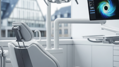Image photoréaliste d'un cabinet dentaire moderne et high-tech. Au premier plan, un fauteuil dentaire élégant et des équipements médicaux discrets dans un environnement lumineux et stérile. L'arrière-plan flou montre l'architecture d'une ville allemande moderne.