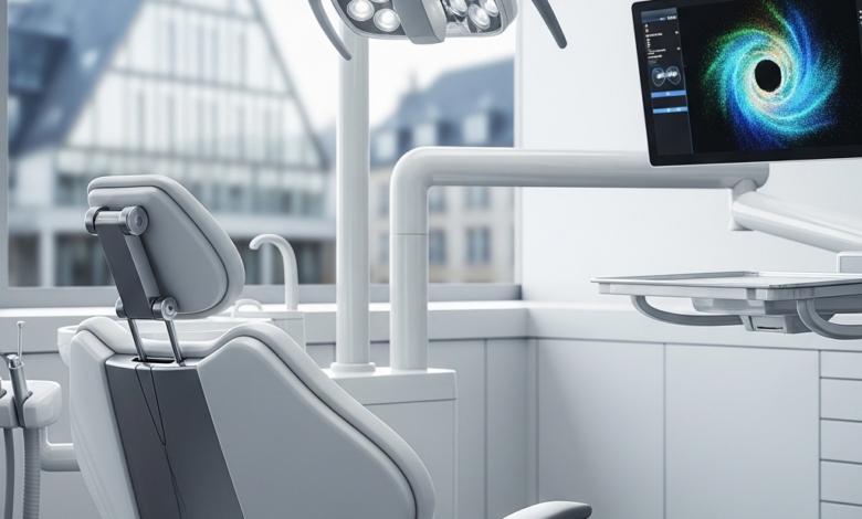 Image photoréaliste d'un cabinet dentaire moderne et high-tech. Au premier plan, un fauteuil dentaire élégant et des équipements médicaux discrets dans un environnement lumineux et stérile. L'arrière-plan flou montre l'architecture d'une ville allemande moderne.