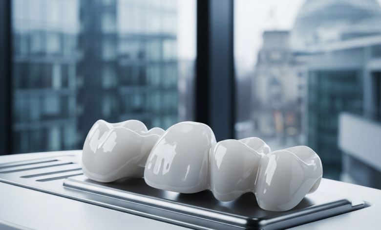 Un gros plan photoréaliste sur des facettes dentaires en porcelaine parfaitement conçues, d'un blanc éclatant, reposant sur un plateau dentaire moderne et stérile. L'arrière-plan est un paysage urbain allemand moderne et flou, avec des bâtiments distinctifs. La lumière est douce et met en valeur la perfection des dents.