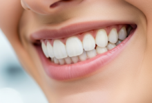 Nahaufnahme eines strahlenden, perfekt gepflegten Lächelns mit weißen, natürlich aussehenden Zähnen, die eine Veneer-Behandlung implizieren. Der Hintergrund ist eine weichgezeichnete, moderne Zahnklinikumgebung.