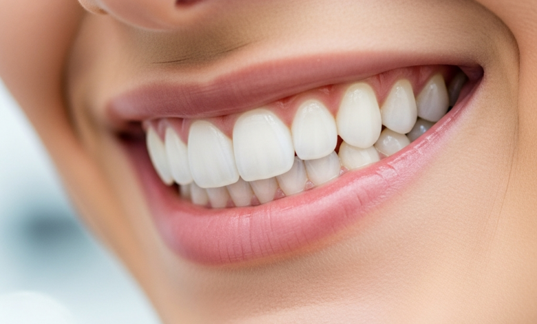 Nahaufnahme eines strahlenden, perfekt gepflegten Lächelns mit weißen, natürlich aussehenden Zähnen, die eine Veneer-Behandlung implizieren. Der Hintergrund ist eine weichgezeichnete, moderne Zahnklinikumgebung.