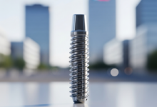 Ein glänzendes, poliertes Titan-Zahnimplantat-Schraubgewinde, scharf im Vordergrund. Der Hintergrund ist eine weich gezeichnete, moderne deutsche Stadtlandschaft mit zeitgenössischer Architektur und hellem Himmel, die Professionalität und Standortbezug suggeriert. Der Fokus liegt auf der technischen Präzision des Implantats.