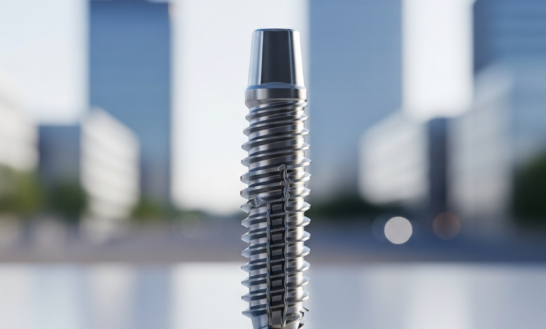 Ein glänzendes, poliertes Titan-Zahnimplantat-Schraubgewinde, scharf im Vordergrund. Der Hintergrund ist eine weich gezeichnete, moderne deutsche Stadtlandschaft mit zeitgenössischer Architektur und hellem Himmel, die Professionalität und Standortbezug suggeriert. Der Fokus liegt auf der technischen Präzision des Implantats.