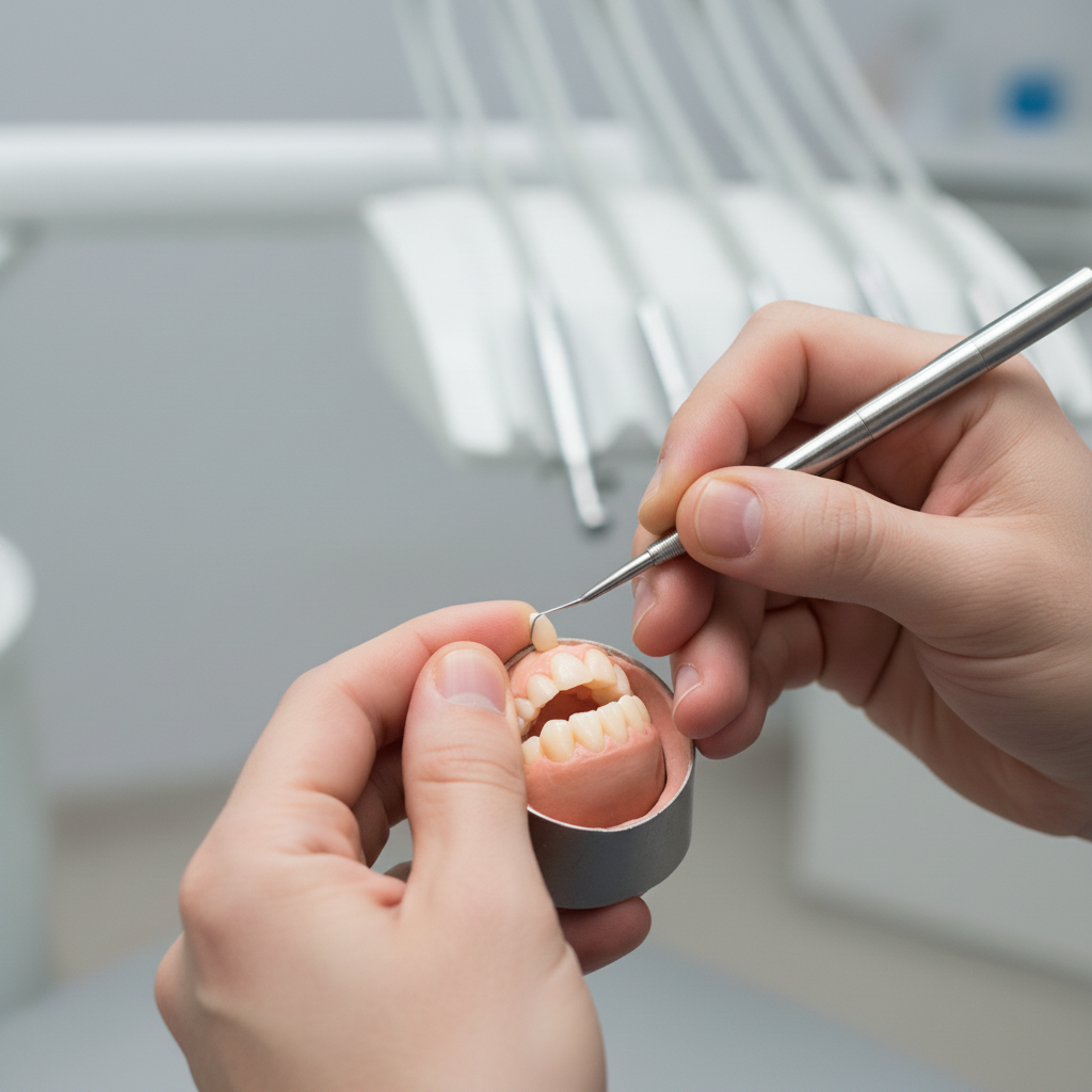 Komposit Bonding Anwendung am Zahn Composite Bonding Kosten Deutschland: Ein Zahnarzt appliziert und modelliert präzise zahnfarbenes Kompositmaterial auf einen Zahn.
