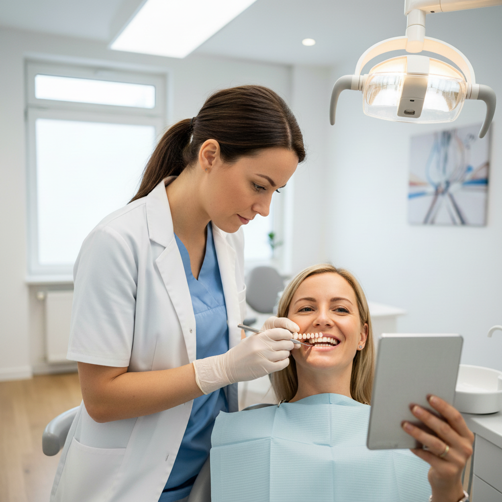 Veneers Deutschland ermöglichen präzises Einsetzen und Anpassen für ein perfektes Lächeln im Zahnarztstuhl.