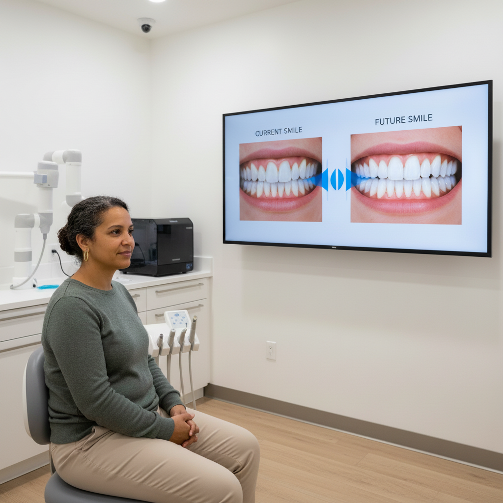 Vorschau des neuen Lächelns digital sehen Smile Makeover Deutschland: Patient sieht digitales Design des zukünftigen Lächelns in moderner Zahnarztpraxis, plant Transformation.