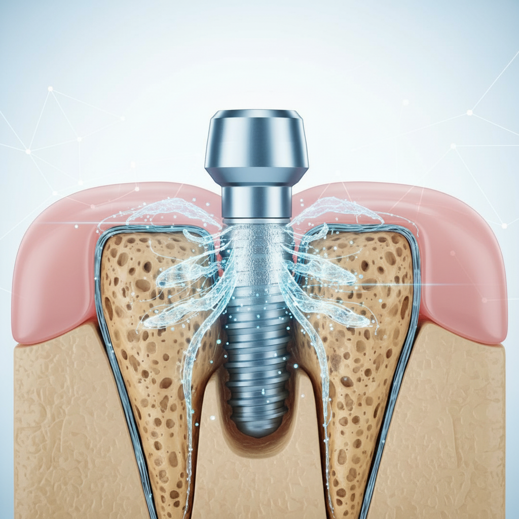 Integration eines Zahnimplantats im Kieferknochen Zahnimplantat Behandlung Deutschland: Darstellung der Osseointegration eines Titanimplantats mit dem Kieferknochen für langfristigen Erfolg.
