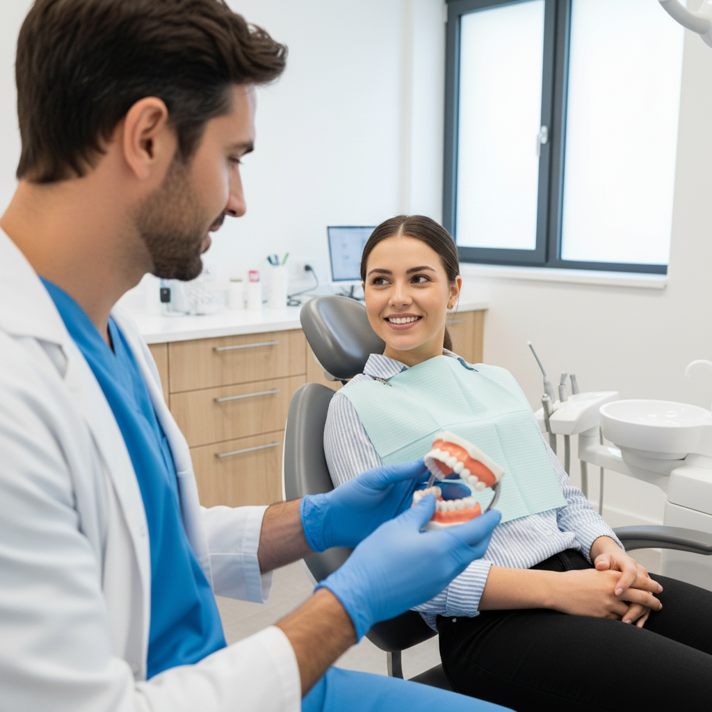 Erste Zahnarztkonsultation für Smile Makeover Smile Makeover Deutschland: Vertrauensvolle Beratung mit Zahnarzt, um individuellen Behandlungsplan zu besprechen.
