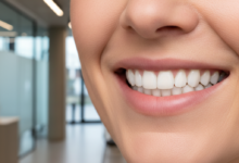 Nahaufnahme eines selbstbewusst lächelnden Mundes mit perfekt ausgerichteten, natürlichen Zähnen, der ein ästhetisches und gesundes Ergebnis von Zahnimplantaten darstellt. Im unscharfen Hintergrund ist ein elegantes, modernes Zahnklinik-Interieur angedeutet, das Professionalität und deutsche Standards widerspiegelt.