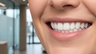 Nahaufnahme eines selbstbewusst lächelnden Mundes mit perfekt ausgerichteten, natürlichen Zähnen, der ein ästhetisches und gesundes Ergebnis von Zahnimplantaten darstellt. Im unscharfen Hintergrund ist ein elegantes, modernes Zahnklinik-Interieur angedeutet, das Professionalität und deutsche Standards widerspiegelt.
