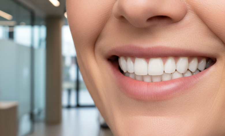 Nahaufnahme eines selbstbewusst lächelnden Mundes mit perfekt ausgerichteten, natürlichen Zähnen, der ein ästhetisches und gesundes Ergebnis von Zahnimplantaten darstellt. Im unscharfen Hintergrund ist ein elegantes, modernes Zahnklinik-Interieur angedeutet, das Professionalität und deutsche Standards widerspiegelt.