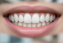 Nahaufnahme eines breiten, strahlenden Lächelns mit sehr weißen, perfekt ausgerichteten Zähnen, das die ästhetischen Vorteile von Veneers zeigt. Der Hintergrund ist unscharf und suggeriert eine moderne, saubere Umgebung.