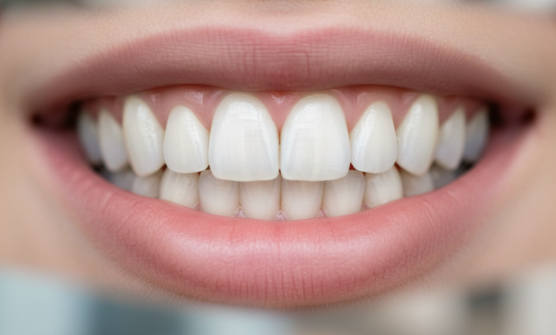 Nahaufnahme eines breiten, strahlenden Lächelns mit sehr weißen, perfekt ausgerichteten Zähnen, das die ästhetischen Vorteile von Veneers zeigt. Der Hintergrund ist unscharf und suggeriert eine moderne, saubere Umgebung.