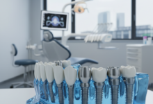 Nahaufnahme eines durchscheinenden 3D-Modells eines kompletten Systems von Zahnimplantaten, das in eine abstrakte Knochenstruktur eingesetzt ist. Im unscharfen Hintergrund ist eine moderne, sterile deutsche Zahnarztpraxis und eine angedeutete Stadtsilhouette zu sehen, alles in einem professionellen und klinischen Stil dargestellt.