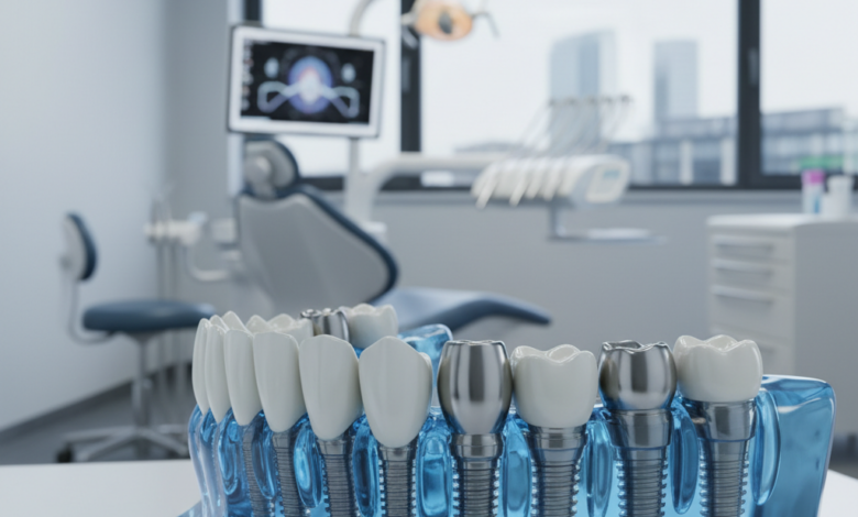 Nahaufnahme eines durchscheinenden 3D-Modells eines kompletten Systems von Zahnimplantaten, das in eine abstrakte Knochenstruktur eingesetzt ist. Im unscharfen Hintergrund ist eine moderne, sterile deutsche Zahnarztpraxis und eine angedeutete Stadtsilhouette zu sehen, alles in einem professionellen und klinischen Stil dargestellt.