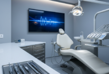 Ein fotorealistisches Bild eines modernen, sauberen Zahnarztbehandlungszimmers in Deutschland. Ein hochmoderner Zahnarztstuhl mit einer professionellen Lampe und sterilen Instrumenten ist zu sehen. Im Hintergrund ist ein Bildschirm mit einer abstrakten, textfreien medizinischen Grafik verschwommen zu sehen. Die Szene vermittelt ein Gefühl von hoher Qualität und Präzision in der Zahnmedizin.