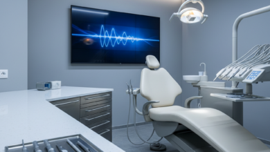 Ein fotorealistisches Bild eines modernen, sauberen Zahnarztbehandlungszimmers in Deutschland. Ein hochmoderner Zahnarztstuhl mit einer professionellen Lampe und sterilen Instrumenten ist zu sehen. Im Hintergrund ist ein Bildschirm mit einer abstrakten, textfreien medizinischen Grafik verschwommen zu sehen. Die Szene vermittelt ein Gefühl von hoher Qualität und Präzision in der Zahnmedizin.