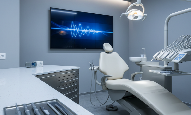 Ein fotorealistisches Bild eines modernen, sauberen Zahnarztbehandlungszimmers in Deutschland. Ein hochmoderner Zahnarztstuhl mit einer professionellen Lampe und sterilen Instrumenten ist zu sehen. Im Hintergrund ist ein Bildschirm mit einer abstrakten, textfreien medizinischen Grafik verschwommen zu sehen. Die Szene vermittelt ein Gefühl von hoher Qualität und Präzision in der Zahnmedizin.