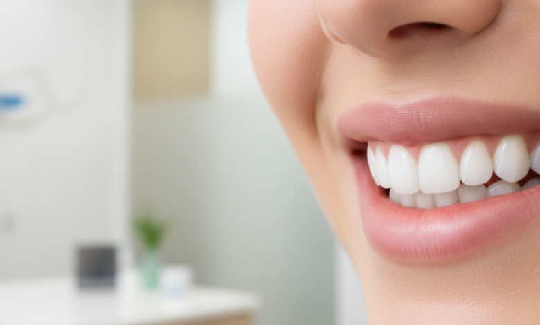 Ein Nahaufnahme-Bild eines strahlenden, gesunden Lächelns mit perfekt aufgehellten Zähnen, umgeben von weichen Lippen. Im unscharfen Hintergrund sind die eleganten, minimalistischen Elemente einer modernen Zahnarztpraxis oder Ästhetikklinik zu erkennen, was die professionelle Qualität der Behandlung unterstreicht. Das Bild vermittelt einen Eindruck von Hygiene, Ästhetik und dem Wunsch nach einem schönen Lächeln, mit einem dezenten Hinweis auf europäisches Design.