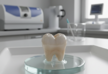 Nahaufnahme einer hochdetaillierten, photorealistischen Zirkonkrone auf einem minimalistischen Ständer, die ihre natürliche Farbe, Lichtdurchlässigkeit und perfekte Form in einer modernen zahnärztlichen Laborumgebung demonstriert. Der Hintergrund ist weich gezeichnet.