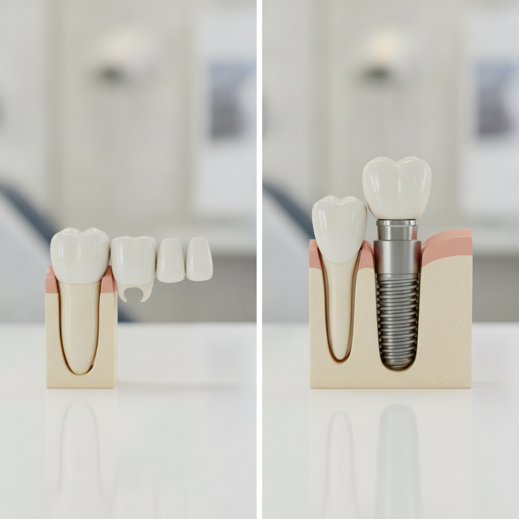 Zahnbrücke vs Implantat Deutschland: Ein direkter Vergleich zeigt die strukturellen Unterschiede und Vorteile beider Lösungen zur Zahnrekonstruktion.