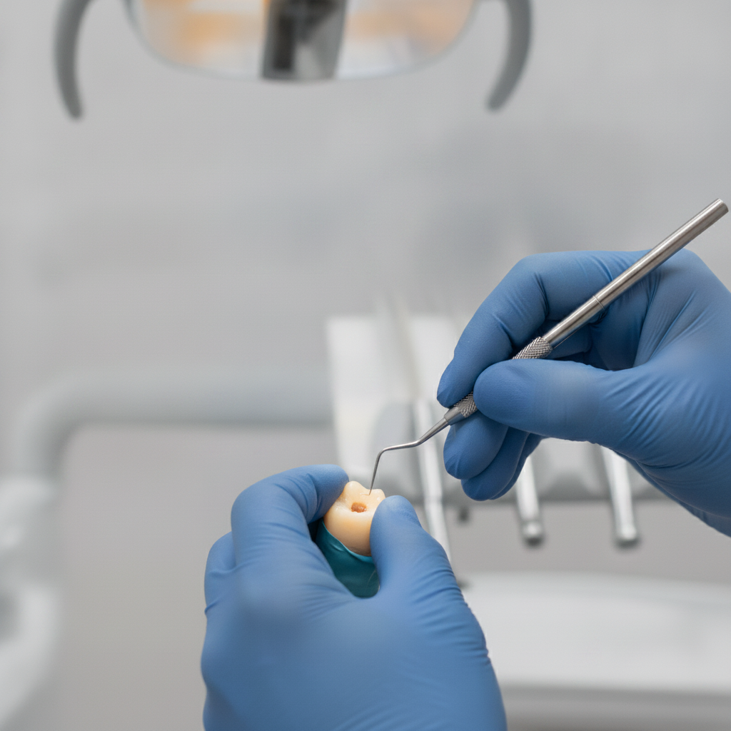 Anwendung von Kompositmaterial für Zahnkorrektur Composite Bonding Deutschland: Ein Zahnarzt modelliert präzise zahnfarbenes Kompositmaterial auf die Zahnoberfläche des Patienten.