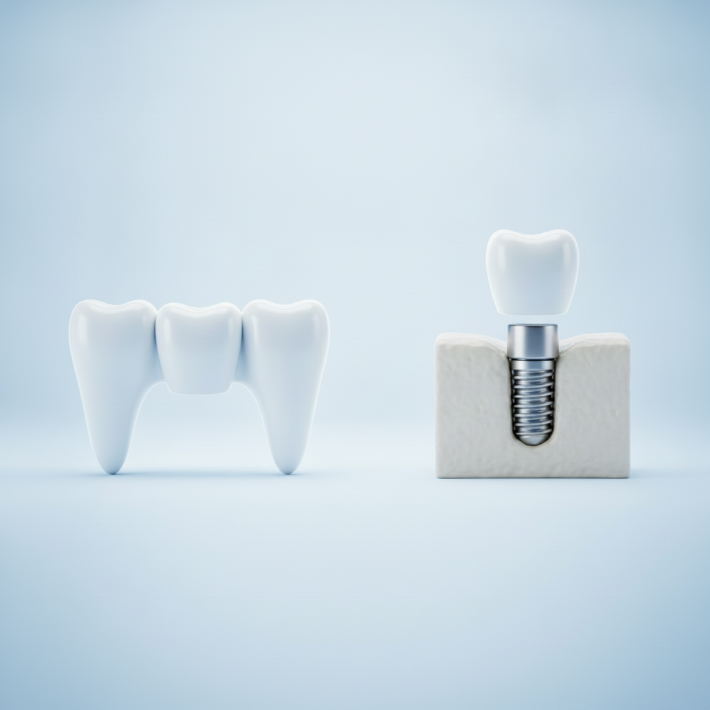 Zahnbrücke vs Implantat Deutschland: Eine visuelle Gegenüberstellung beider effektiver Lösungen für Zahnverlust.