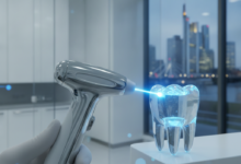 Nahaufnahme eines modernen Zahnlasers, dessen präziser Lichtstrahl auf einen Zahn trifft, in einer sterilen Zahnklinik mit verschwommenem Stadtbild Deutschlands im Hintergrund. Fokus auf Technologie und Präzision.