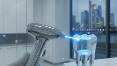 Nahaufnahme eines modernen Zahnlasers, dessen präziser Lichtstrahl auf einen Zahn trifft, in einer sterilen Zahnklinik mit verschwommenem Stadtbild Deutschlands im Hintergrund. Fokus auf Technologie und Präzision.