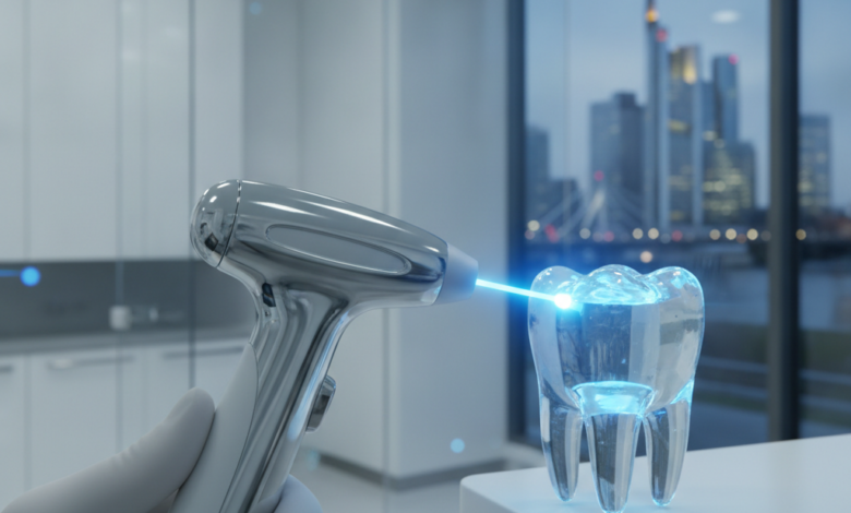 Nahaufnahme eines modernen Zahnlasers, dessen präziser Lichtstrahl auf einen Zahn trifft, in einer sterilen Zahnklinik mit verschwommenem Stadtbild Deutschlands im Hintergrund. Fokus auf Technologie und Präzision.